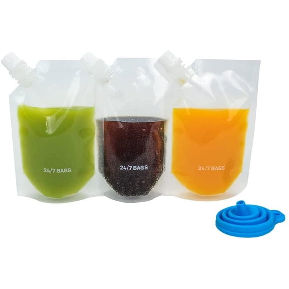 50 Pack, 8 Oz Disposable Pouch Flask with Tamper-Seal Caps, BPA-Free, Funnel Included