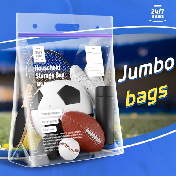 24/7 Bags Double Zipper 10 Gallons Storage Plastic Jumbo Bags, 24" x 18" x 12", Clear, 15 Count
