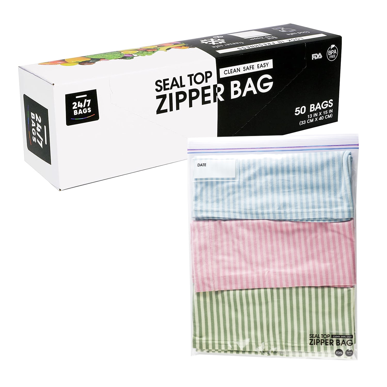 24/7 Bags- Large Double Zipper Bags, 3 Gallons, 12 Count, Stand And Fill,  Carry Handle, BPA-Free, Air Tight Seal