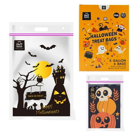 24/7 Bags- Halloween Large Double Zipper Bags, 5 Gallons, 6 Count, 2 Designs, Heavy Duty, Carry Handle, BPA-Free