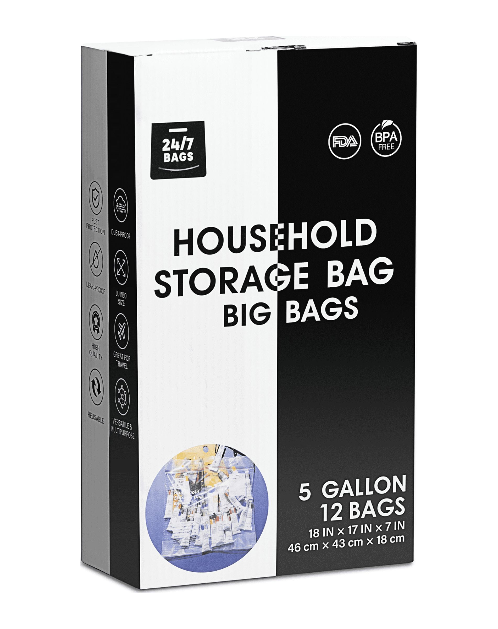 24/7 Bags Large Double Zipper Bags, 5 Gallons, 12 Count, Stand And