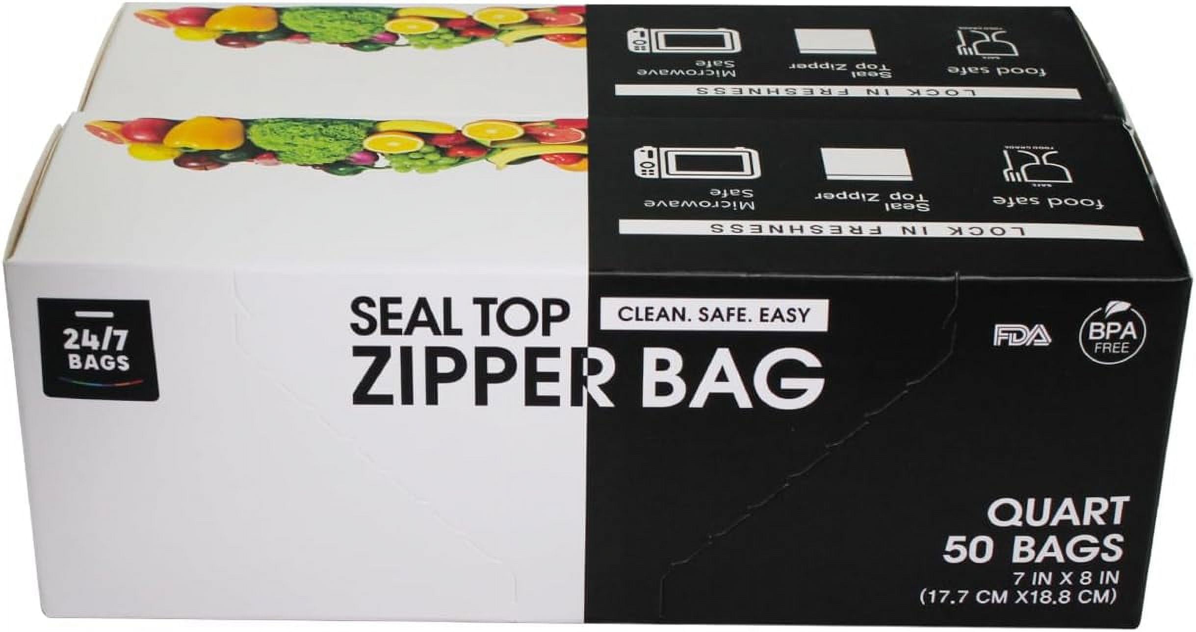 24/7 Bags: Quart Food Storage Bags, 100 Count, Easy Open Tabs, Zip-Lock, Food Grade, Writable Rectangle (2 Pack of 50)