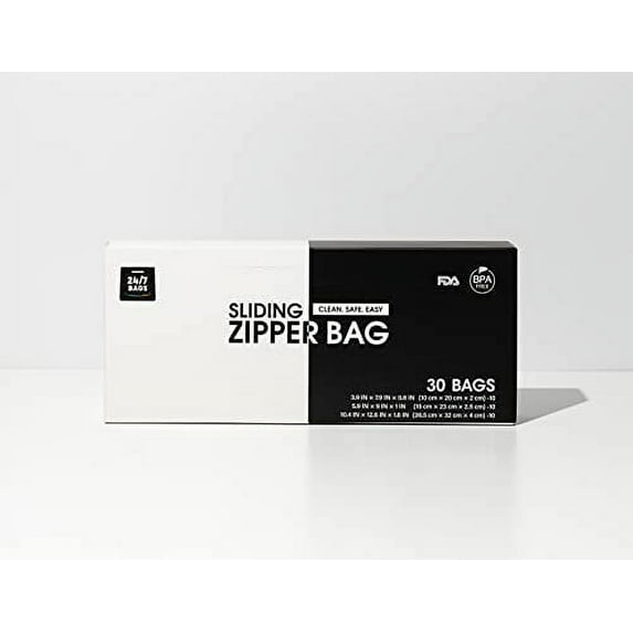 24/7 Bags - Slider Bags, 30 Count, Travel Size Box, 3 Sizes (S,M,L), BPA-Free, Expandable Bottom, Leak Proof