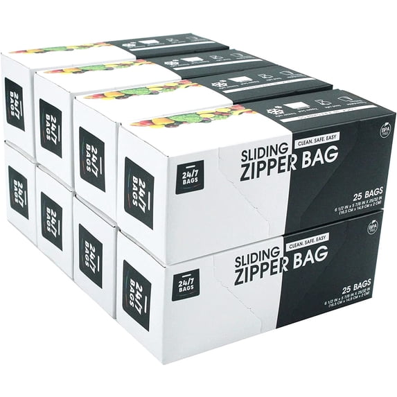 24/7 Bags - Slider Storage Bags, Pint Size with Expandable Bottom, 200 Count (8 Packs of 25)