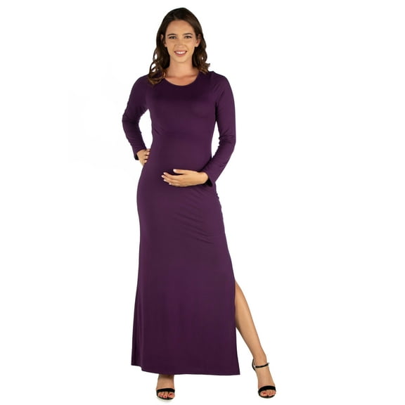 24/7 Comfort Apparel Long Sleeve Side Slit Fitted Black Maternity Maxi Dress