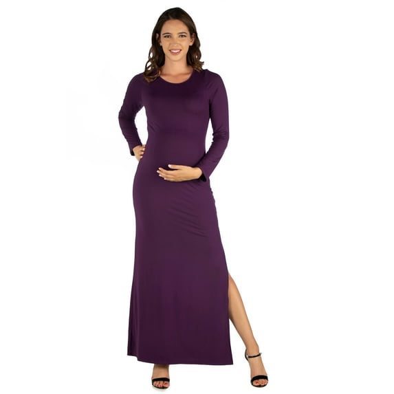 24/7 Comfort Apparel Long Sleeve Side Slit Fitted Black Maternity Maxi Dress