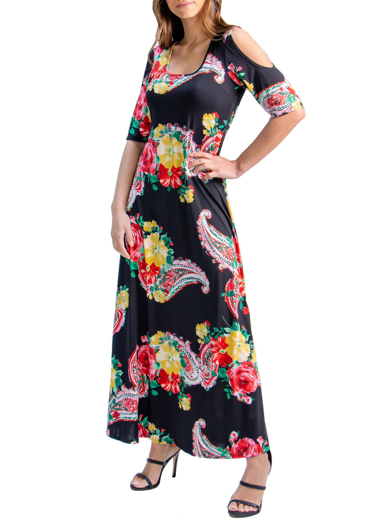 24/7 Comfort Apparel Women's Bold Floral Print Cold Shoulder Maxi Dress ...