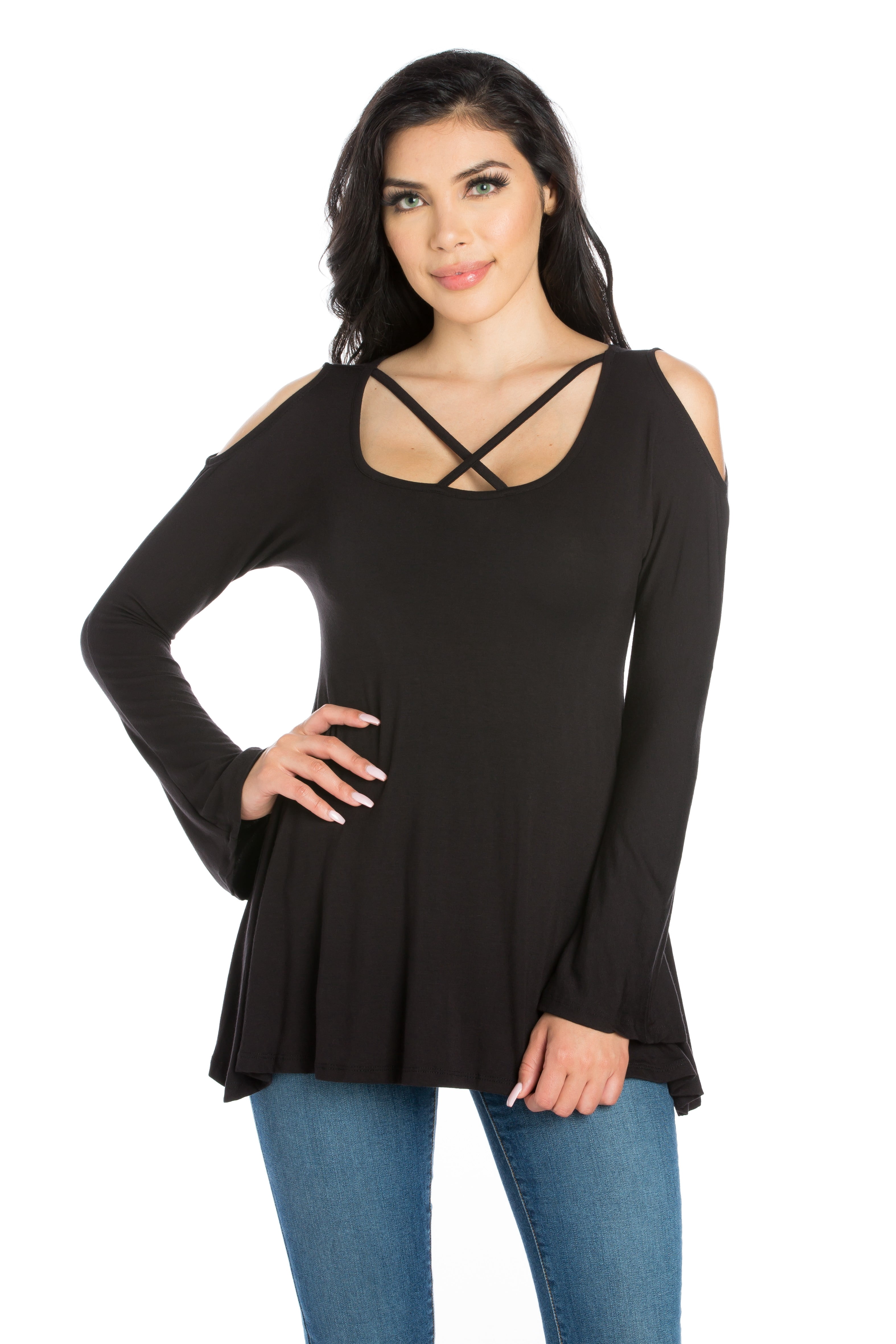 24/7 Comfort Apparel Women's Criss Cross Cold Shoulder Long Sleeve Top