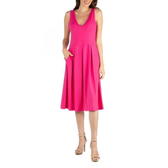 24/7 Comfort Apparel Women's Fit and Flare Midi Sleeveless Dress with Pocket Detail