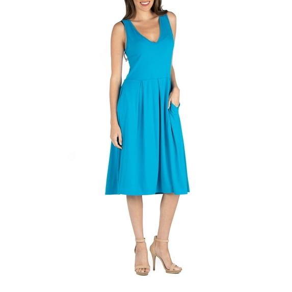 24/7 Comfort Apparel Women's Fit and Flare Midi Sleeveless Dress with Pocket Detail