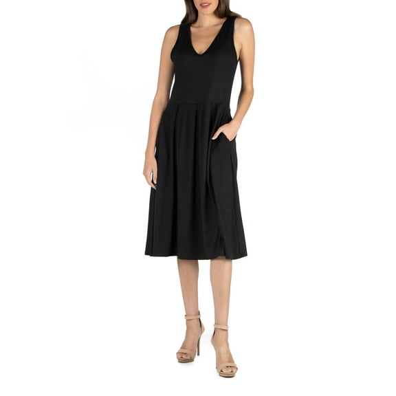 24/7 Comfort Apparel Women's Fit and Flare Midi Sleeveless Dress with Pocket Detail