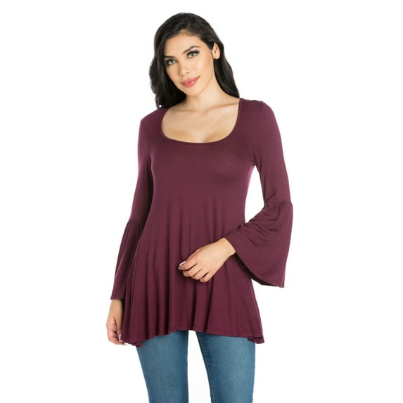 24/7 Comfort Apparel Women's Long Bell Sleeve Flared Tunic Top