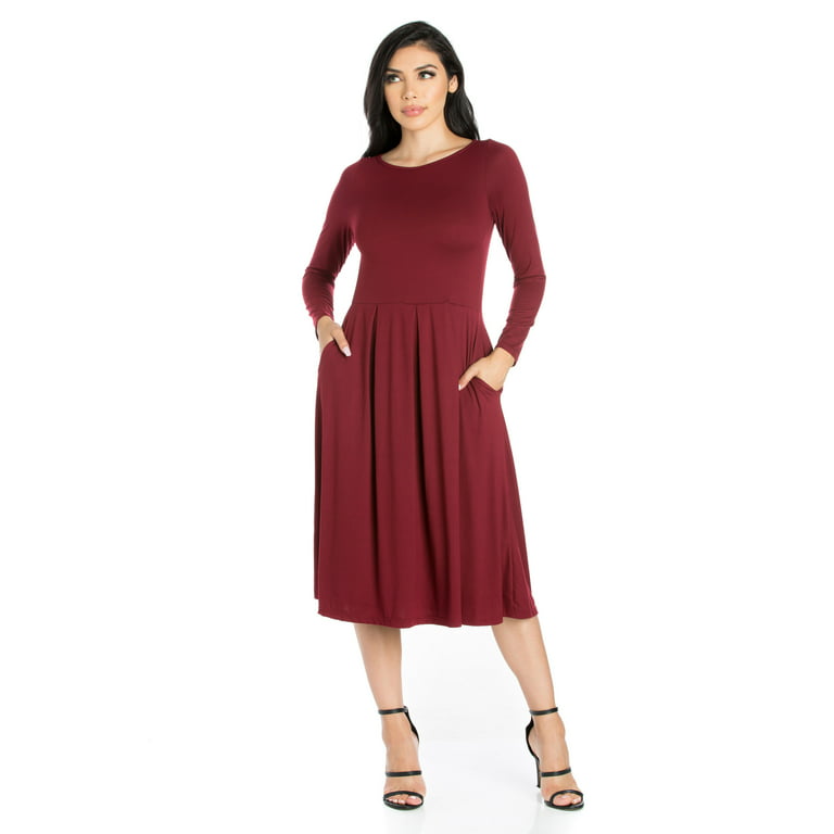 24/7 Women's Plus Size Comfort Apparel Long Sleeve Fit and Flare Plus Size  Midi Dress 