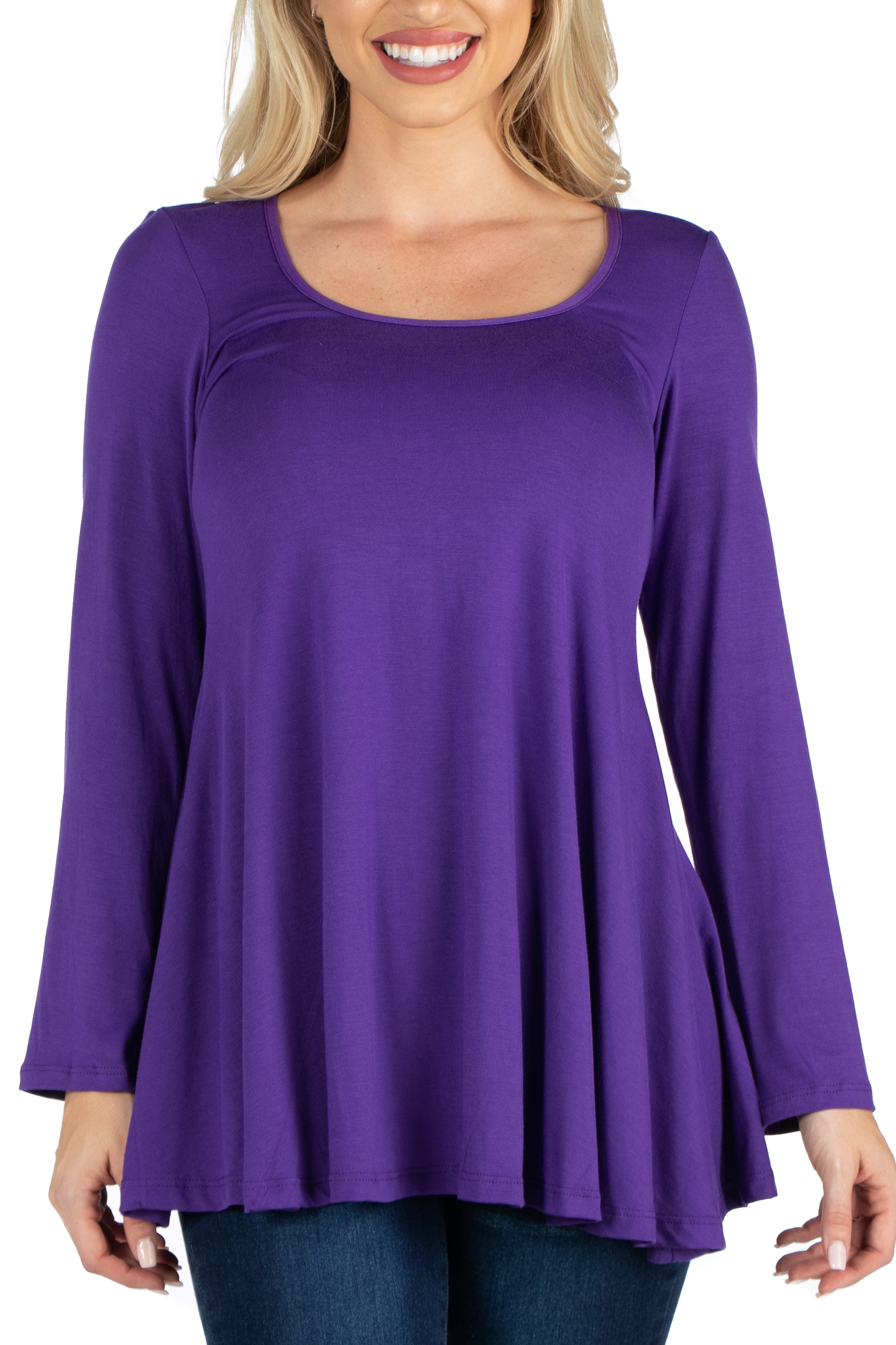 24/7 Comfort Apparel Women's Long Sleeve Solid Color Swing Style Flared Tunic Top