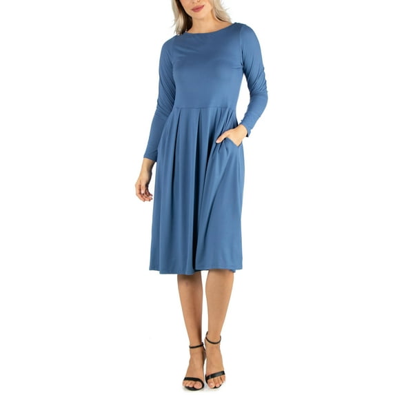 24/7 Comfort Apparel Women's Midi Length Fit N Flare Pocket Dress
