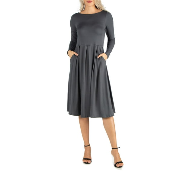 24/7 Comfort Apparel Women's Midi Length Fit N Flare Pocket Dress