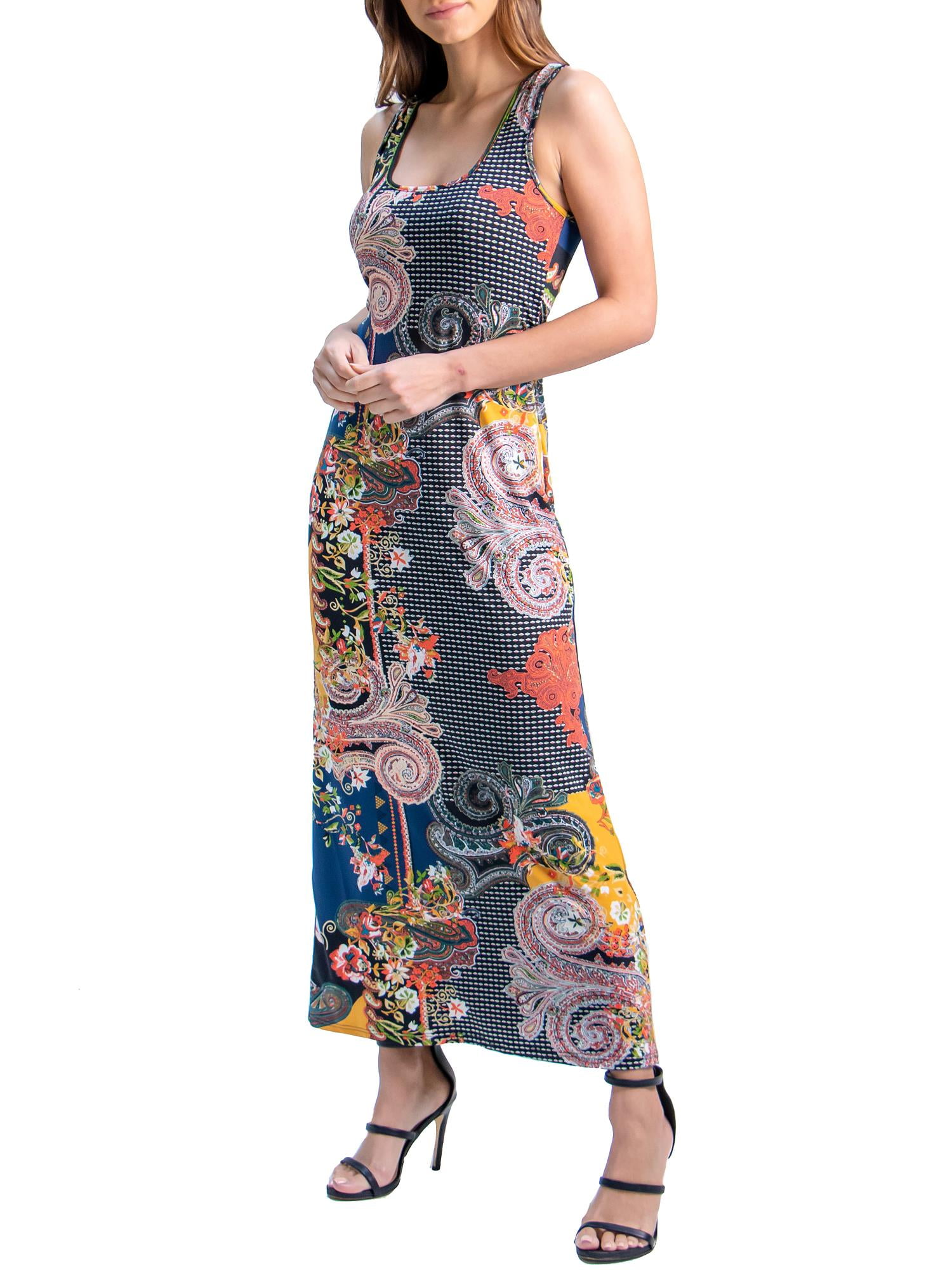 24/7 Comfort Apparel Women's Paisley Print Fitted Razorback Maxi Dress