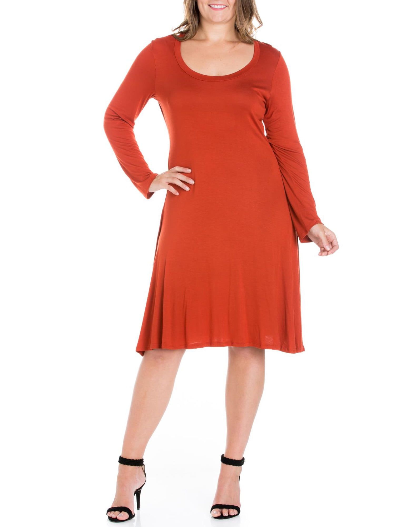24/7 Comfort Apparel Women's Plus Size Classic Long Sleeve Flared Mini Dress