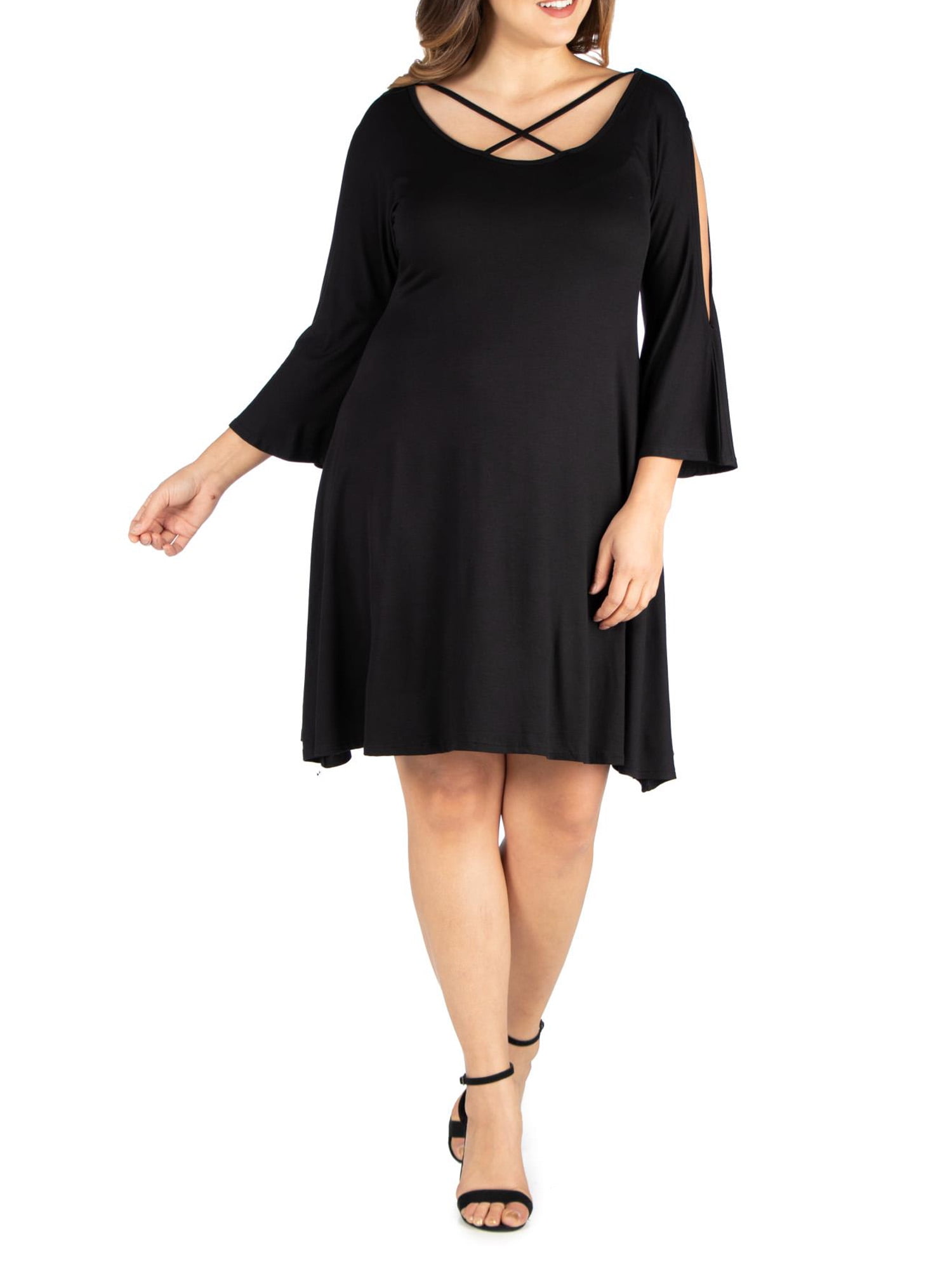 24/7 Comfort Apparel Women's Plus Size Criss Cross Neckline Cold Shoulder Dress