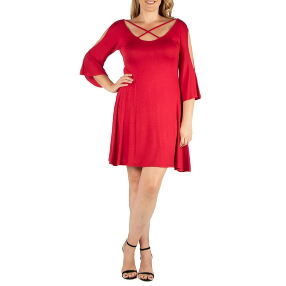 24/7 Comfort Apparel Women's Plus Size Criss Cross Neckline Cold Shoulder Dress