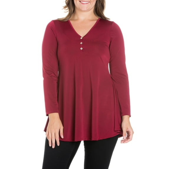 24/7 Comfort Apparel Women's Plus Size Flared Long Sleeve Henley Tunic Top