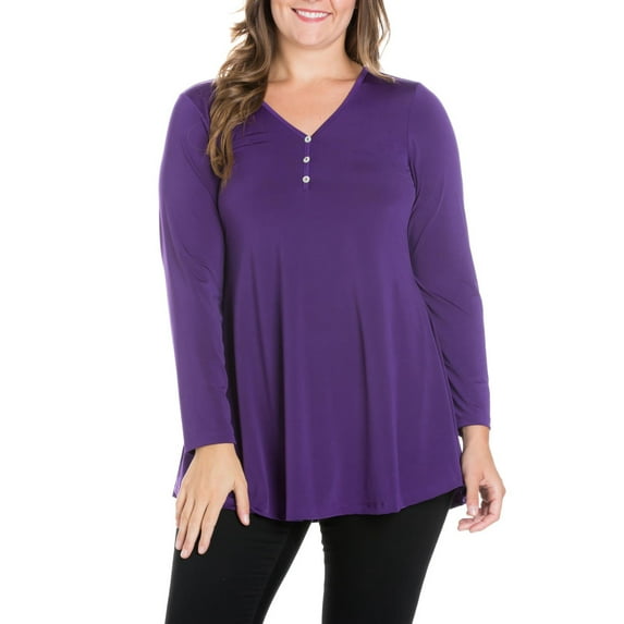24/7 Comfort Apparel Women's Plus Size Flared Long Sleeve Henley Tunic Top