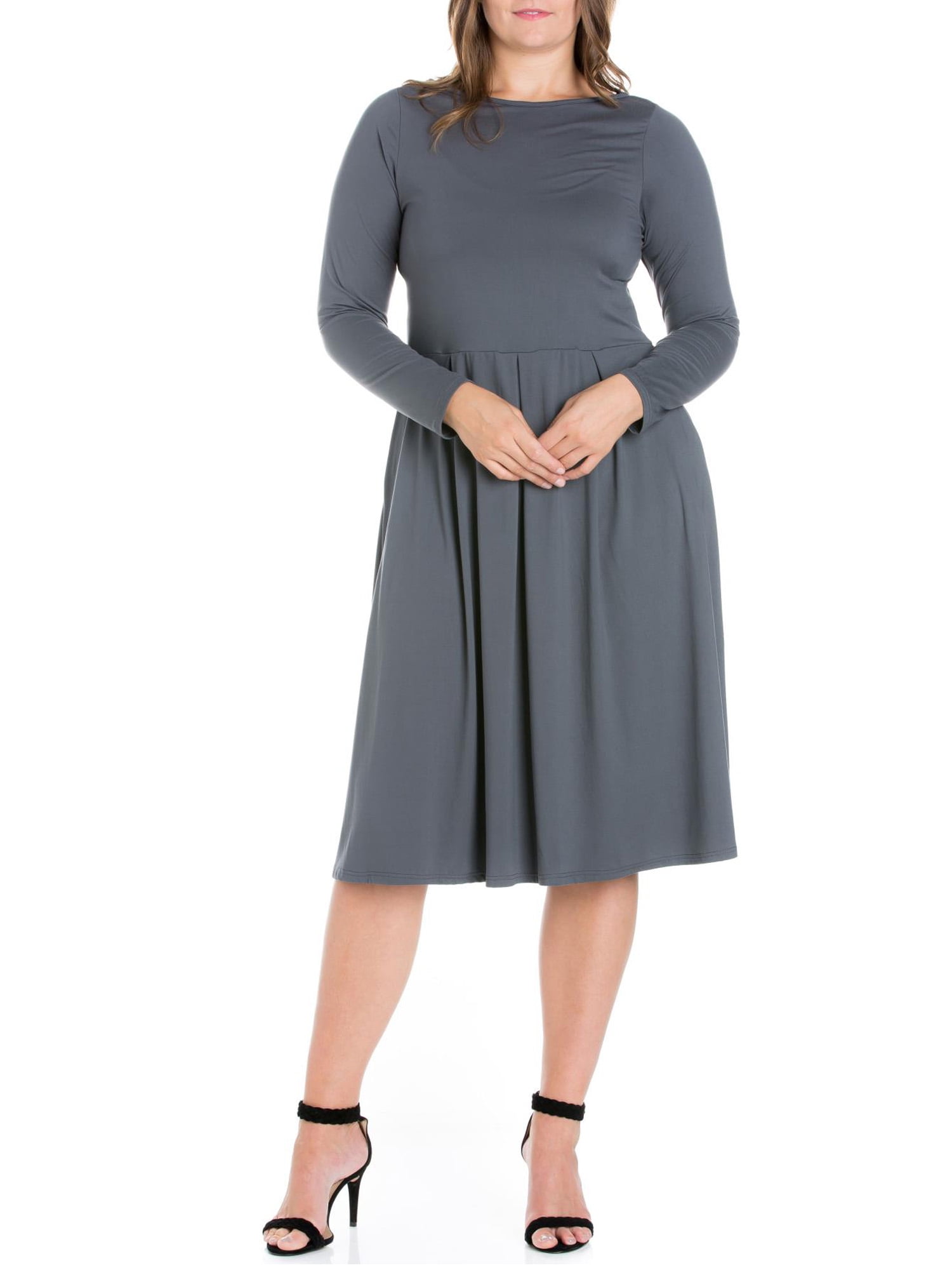 24/7 Comfort Apparel Women's Plus Size Long Sleeve Fit and Flare Midi Dress