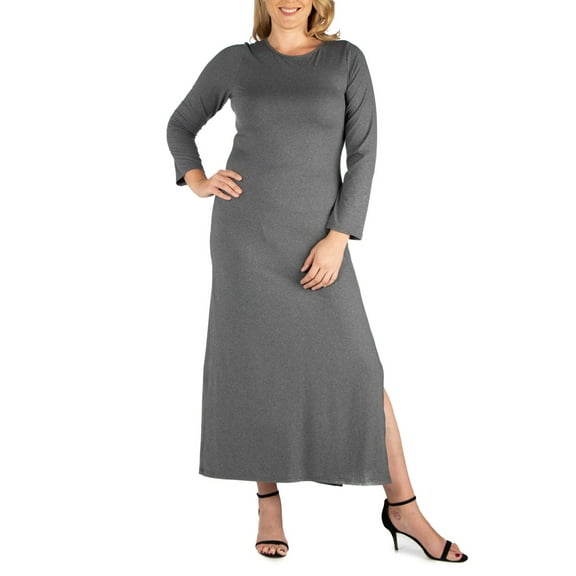 24/7 Comfort Apparel Women's Plus Size Long Sleeve Side Slit Fitted Black Maxi Dress