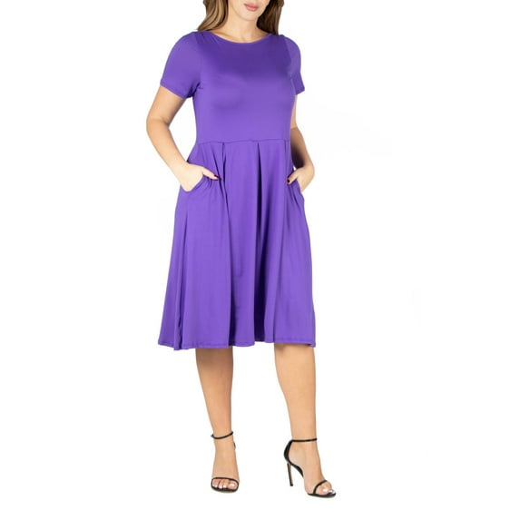 24/7 Comfort Apparel Women's Plus Size Short Sleeve Midi Skater Dress With Pockets