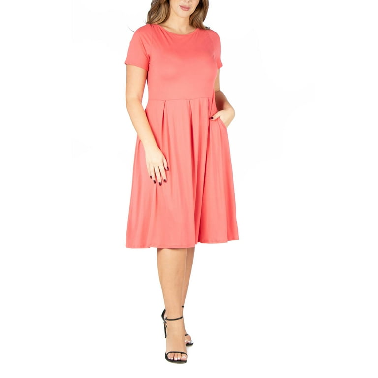 24 7 Comfort Apparel Women s Plus Size Short Sleeve Midi Skater Dress With Pockets Walmart