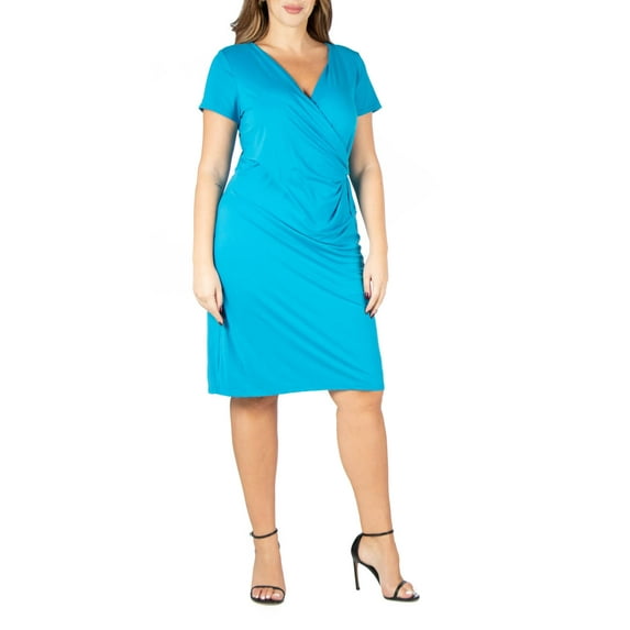 24/7 Comfort Apparel Women's Plus Size Short Sleeve V Neck Faux Wrap Dress