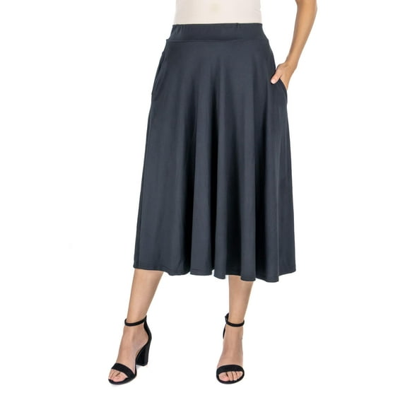 24/7 Comfort Apparel Womens Elastic Waist Pleated Pocket Midi Skirt