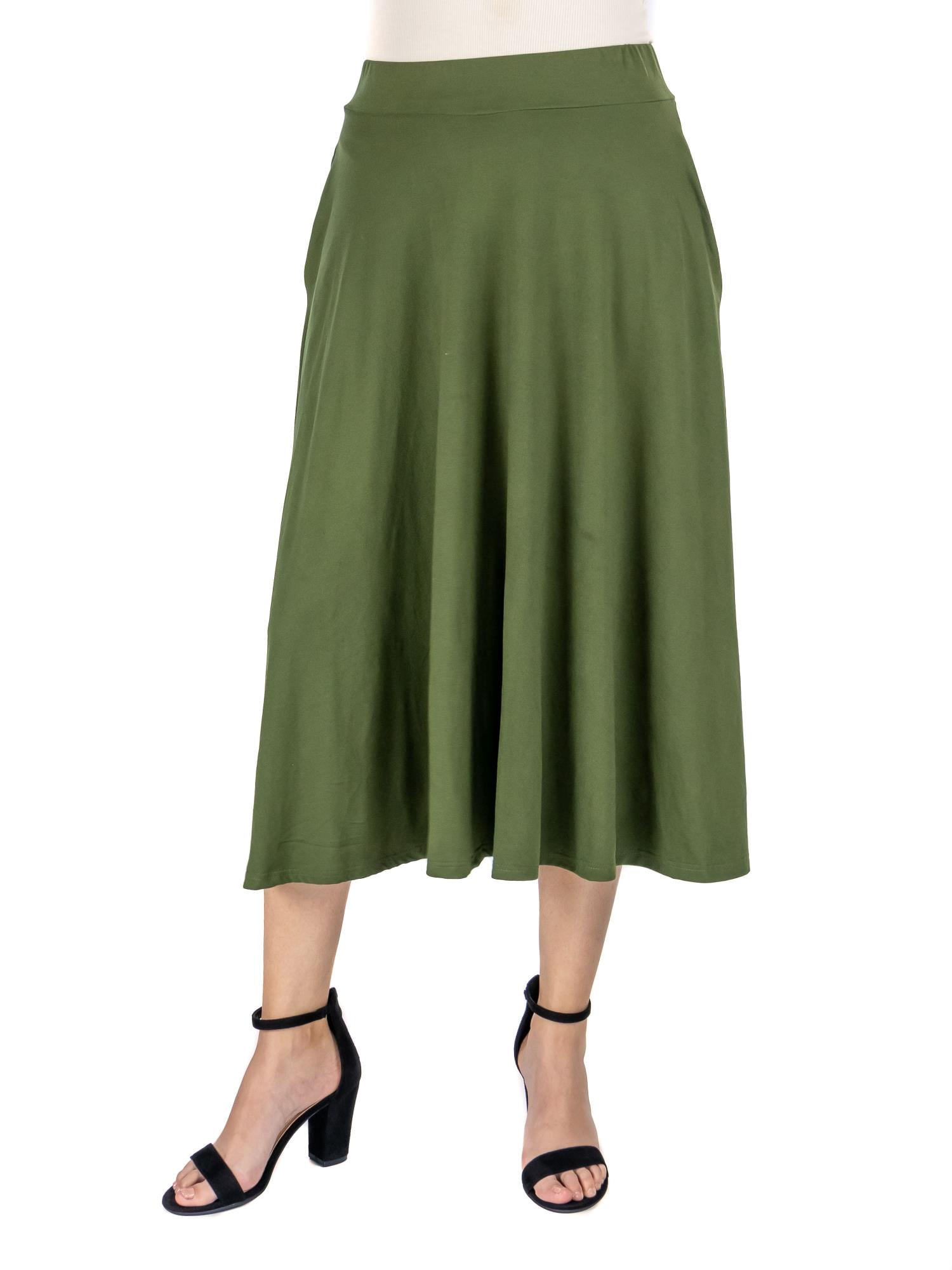 24/7 Comfort Apparel Womens Elastic Waist Pleated Pocket Midi Skirt