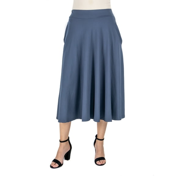 24/7 Comfort Apparel Womens Elastic Waist Pleated Pocket Midi Skirt
