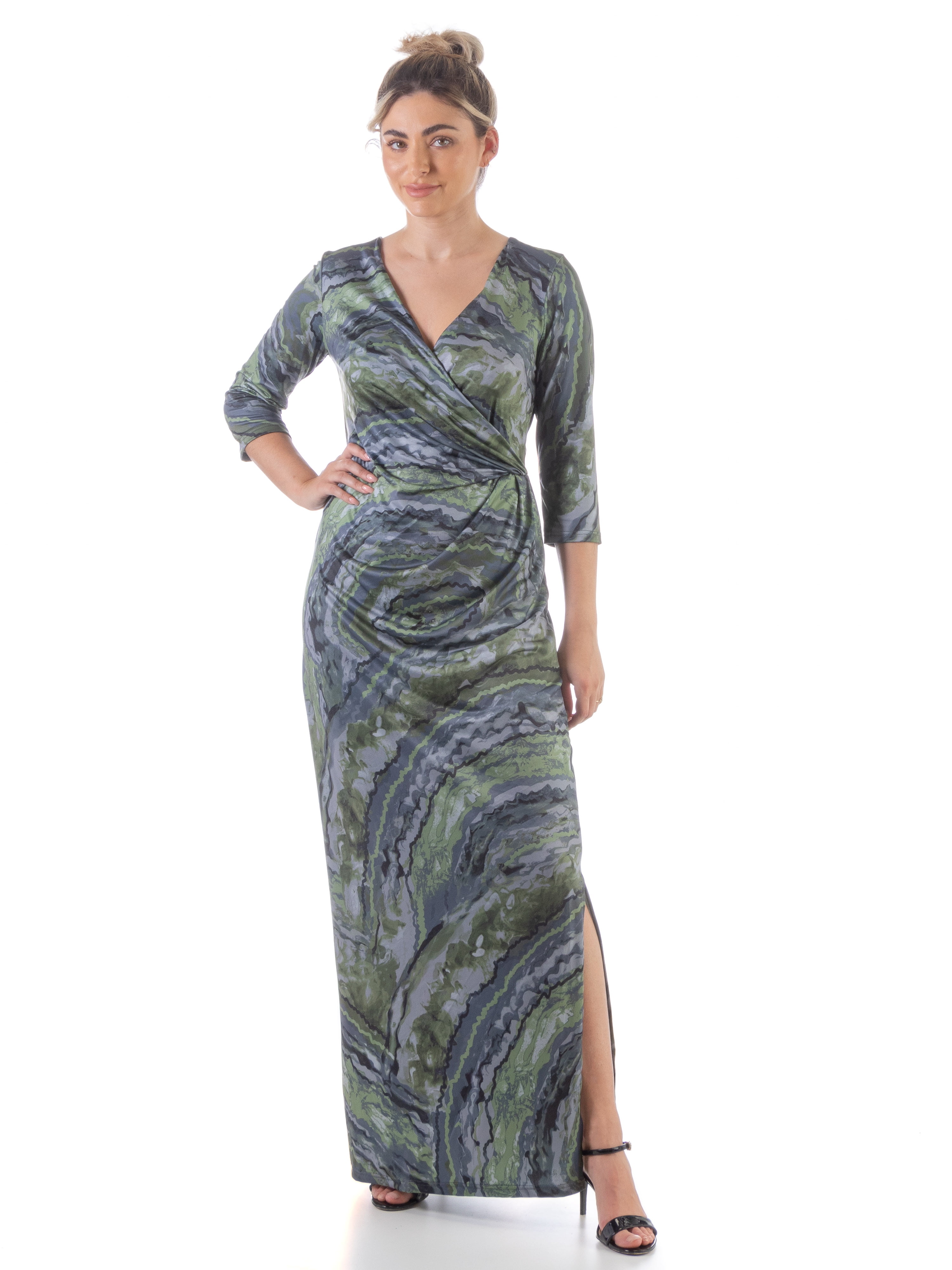 24/7 Comfort Apparel Womens Green Faux Wrap Side Slit Plus Size Maxi Dress