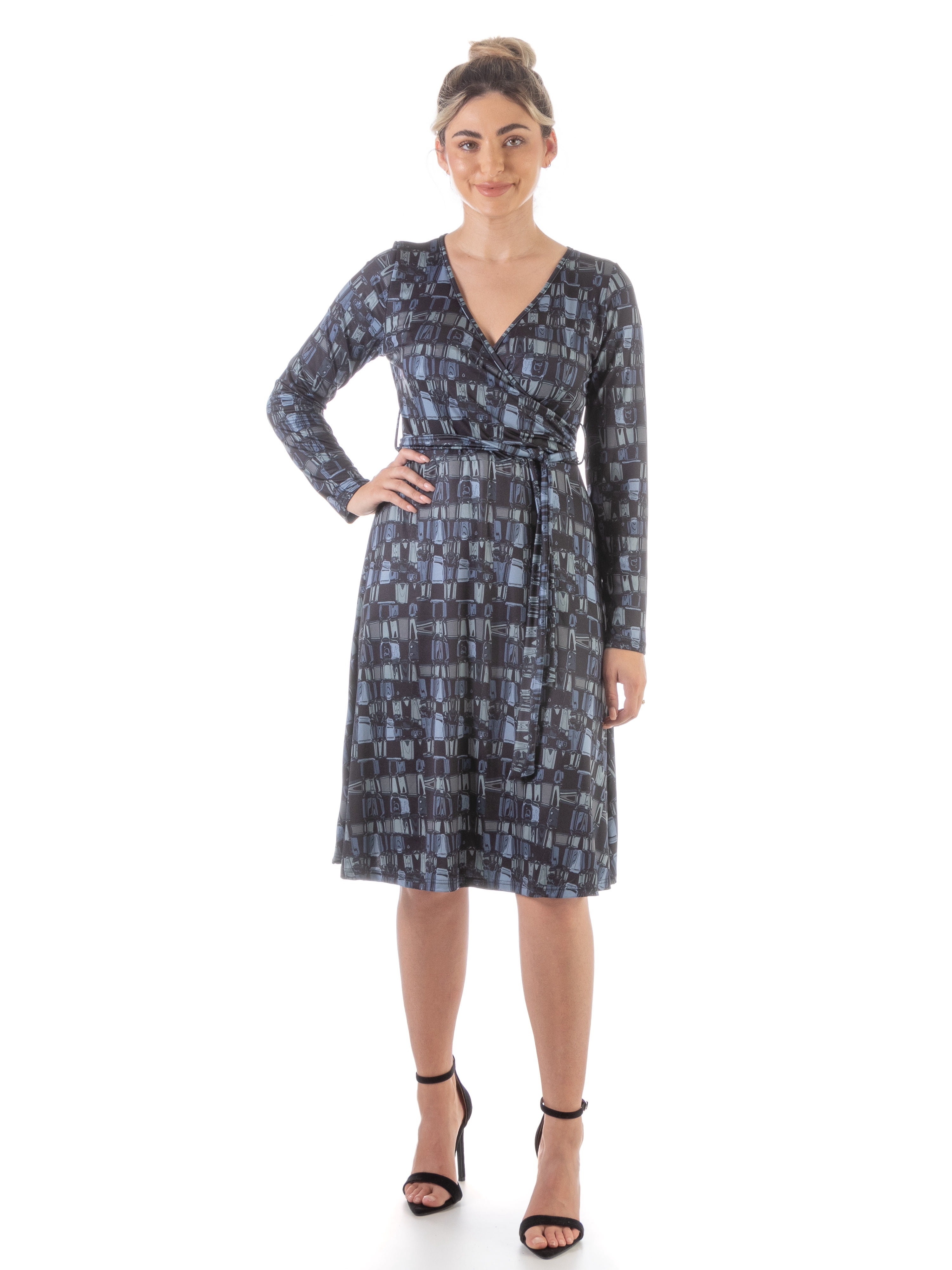 24/7 Comfort Apparel Womens Grey Long Sleeve Knee Length Faux Wrap Dress