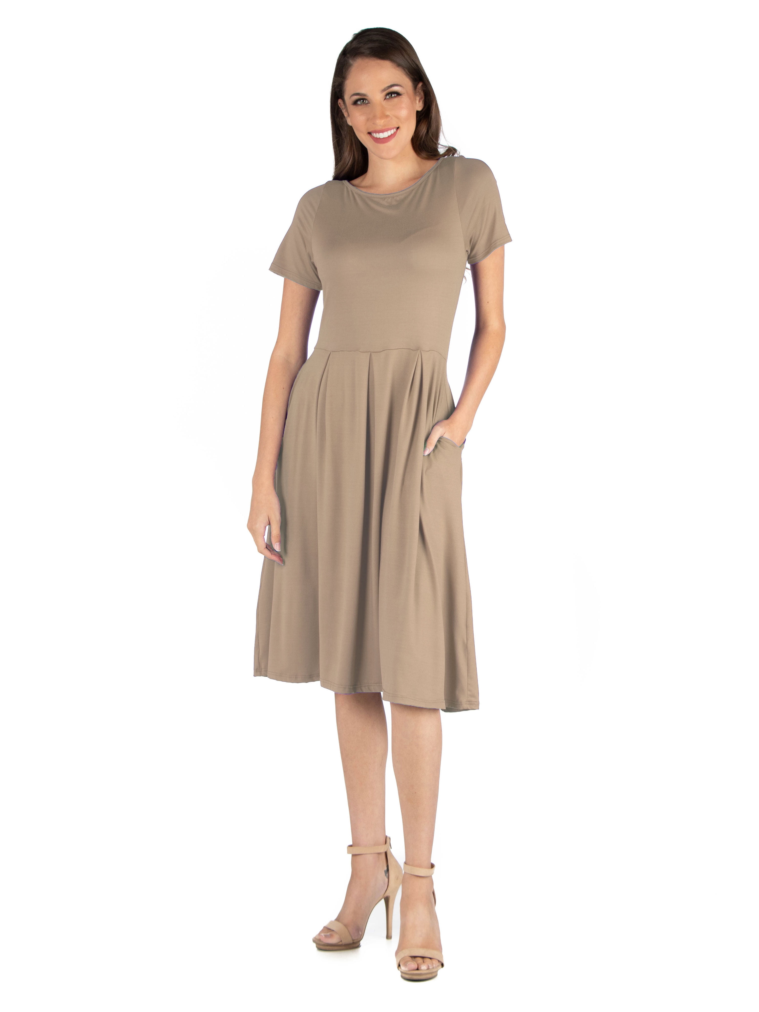 24/7 Comfort Apparel Womens Midi Dress with Short Sleeves and Pocket Detail