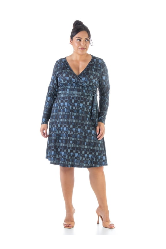 Womens Plus Grey Long Sleeve Knee Length Faux Wrap Dress