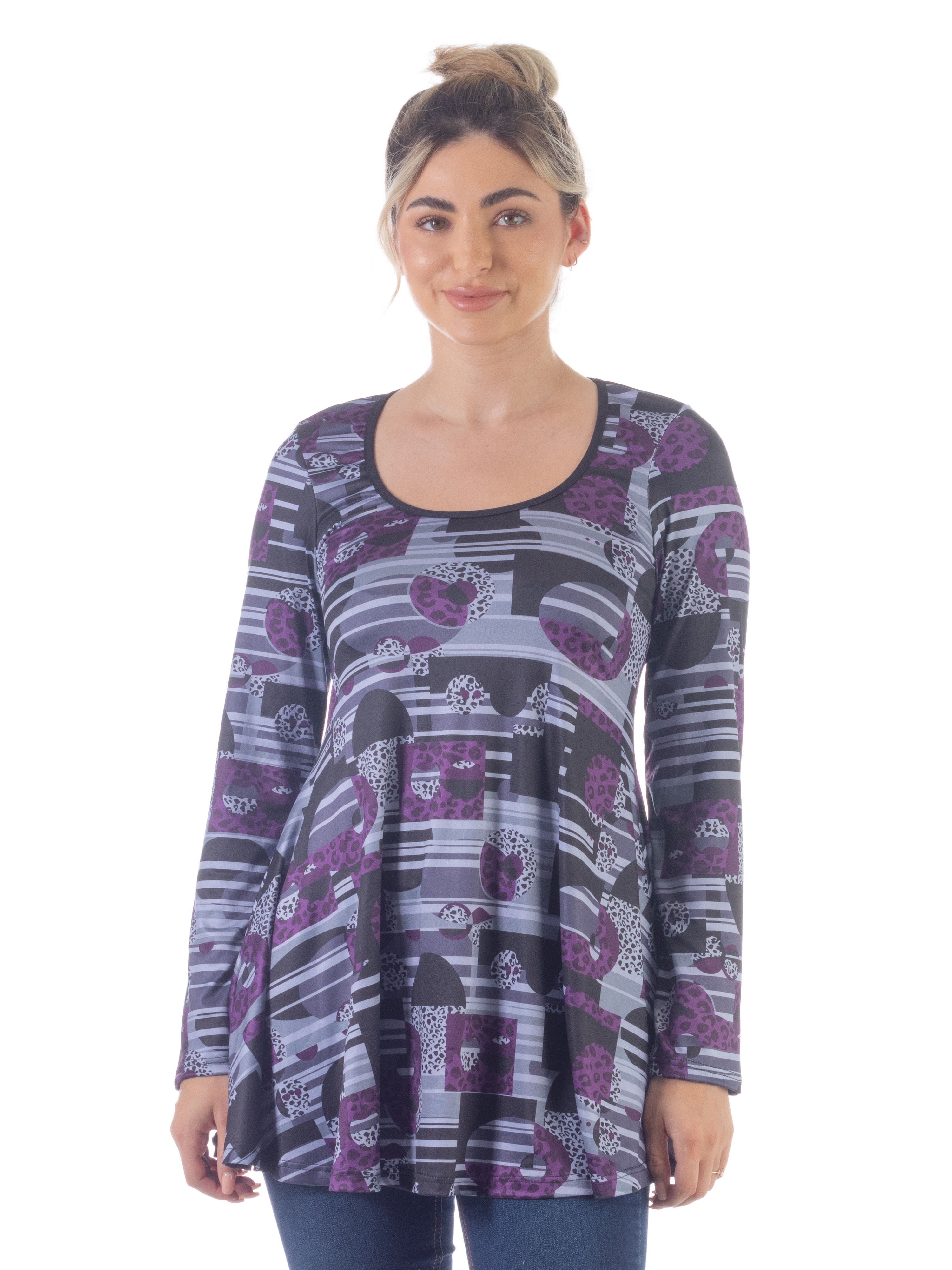 24/7 Comfort Apparel Womens Purple Print Scoop Neck Long Sleeve Tunic Top