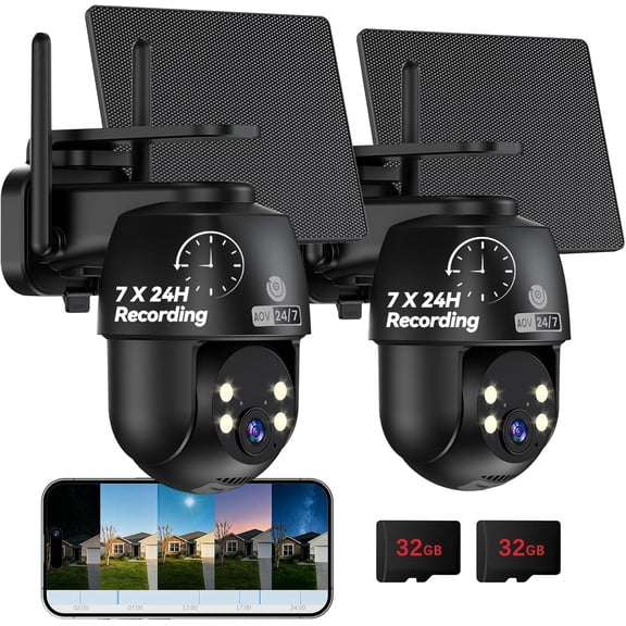 24/7 Continuous Recording Outdoor Camera, 2.4G WiFi, Solar , 360? PTZ, Auto , SD Included, Optional Cloud Storage, AI Detection, Night Vision(Black,2 Packs)
