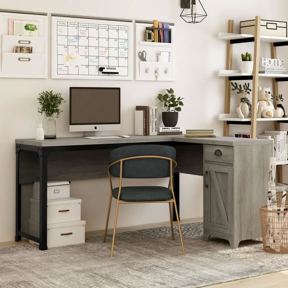 24/7 Shop At Home Elk Wood L-Shape Desk with 1-Drawer, Gray Oak