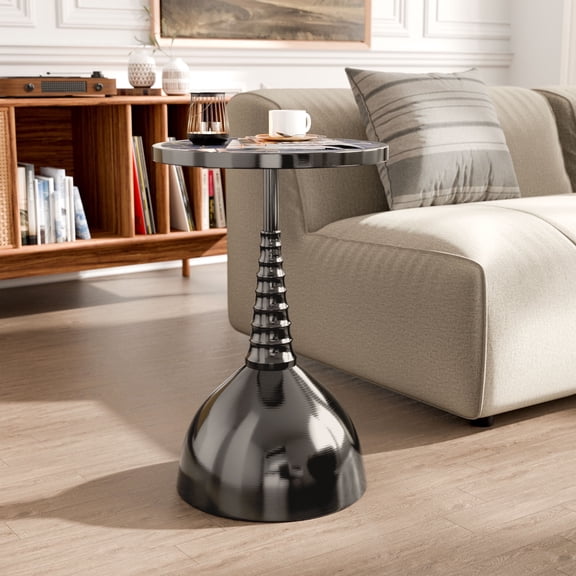 24/7 Shop At Home Enric Modern Metal Accent Side Table with Round Tabletop, Living Room End Table, Black with Floral Print