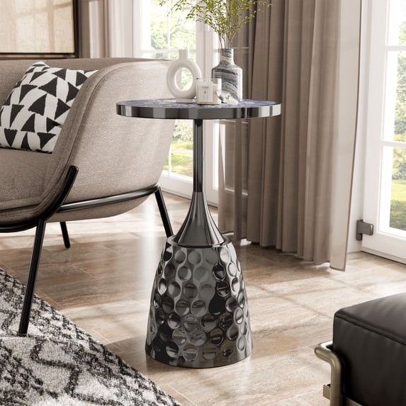 24/7 Shop At Home Enric Modern Metal Accent Side Table with Round Tabletop, Living Room End Table, Black with Geometric Pattern