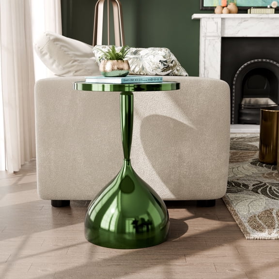 24/7 Shop At Home Enric Modern Metal Accent Side Table with Round Tabletop, Living Room End Table, Metallic Chrome Green