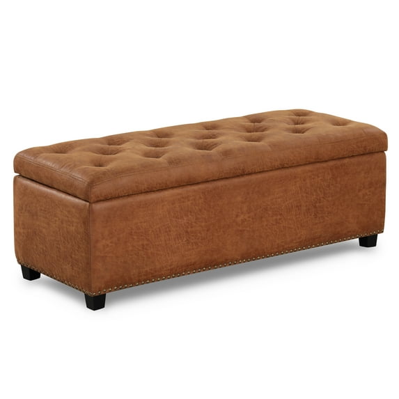24/7 Shop At Home Olive 48 inch Wide Rectangle Lift Top Storage Ottomans in Upholstered Distressed Umber Brown Faux Leather Tufted Fabric Large Storage Bench for Bedroom Ottoman Foot Rest
