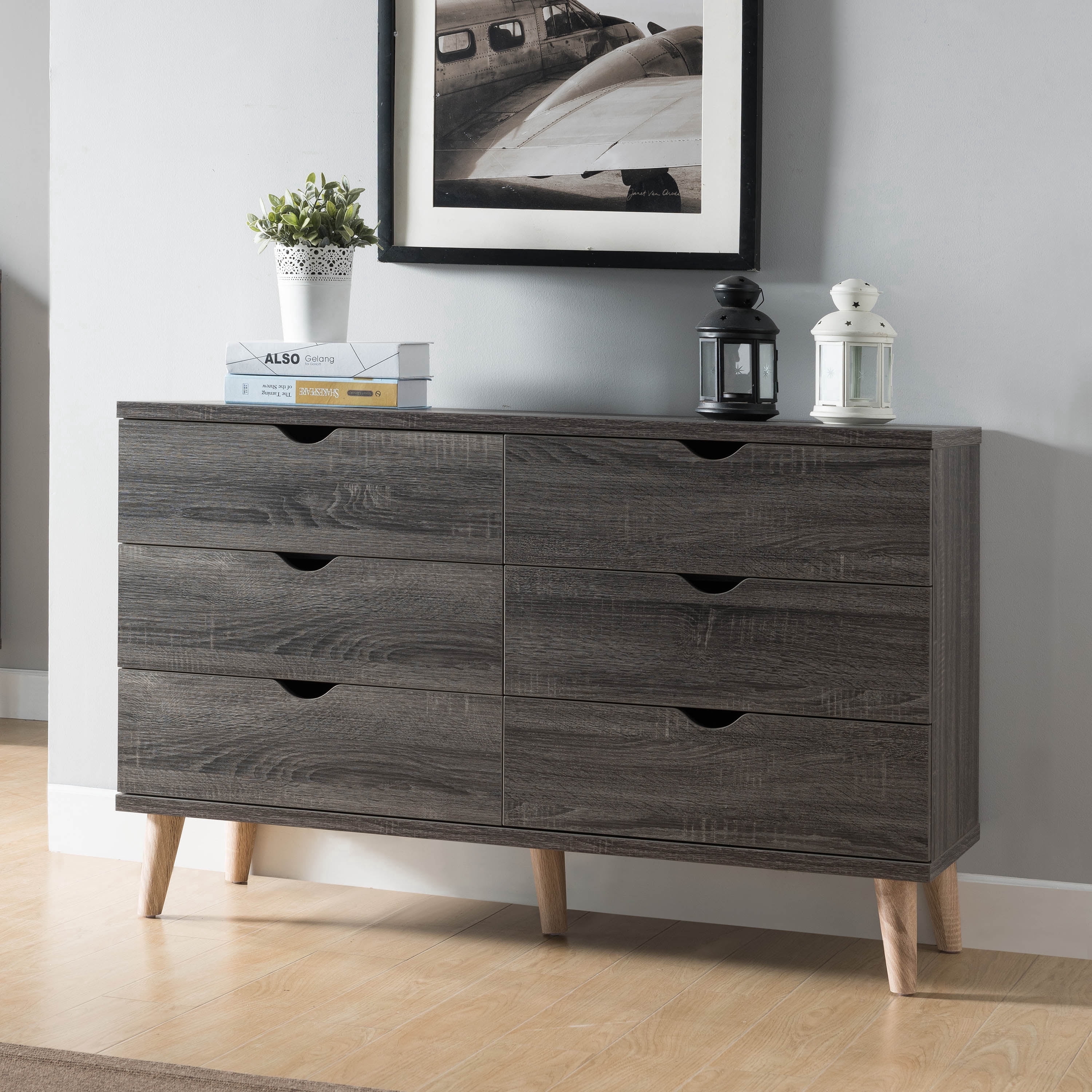 24/7 Shop At Home Orden Wood 6-Drawer Dresser for Bedroom, Dark Gray (No Knobs)