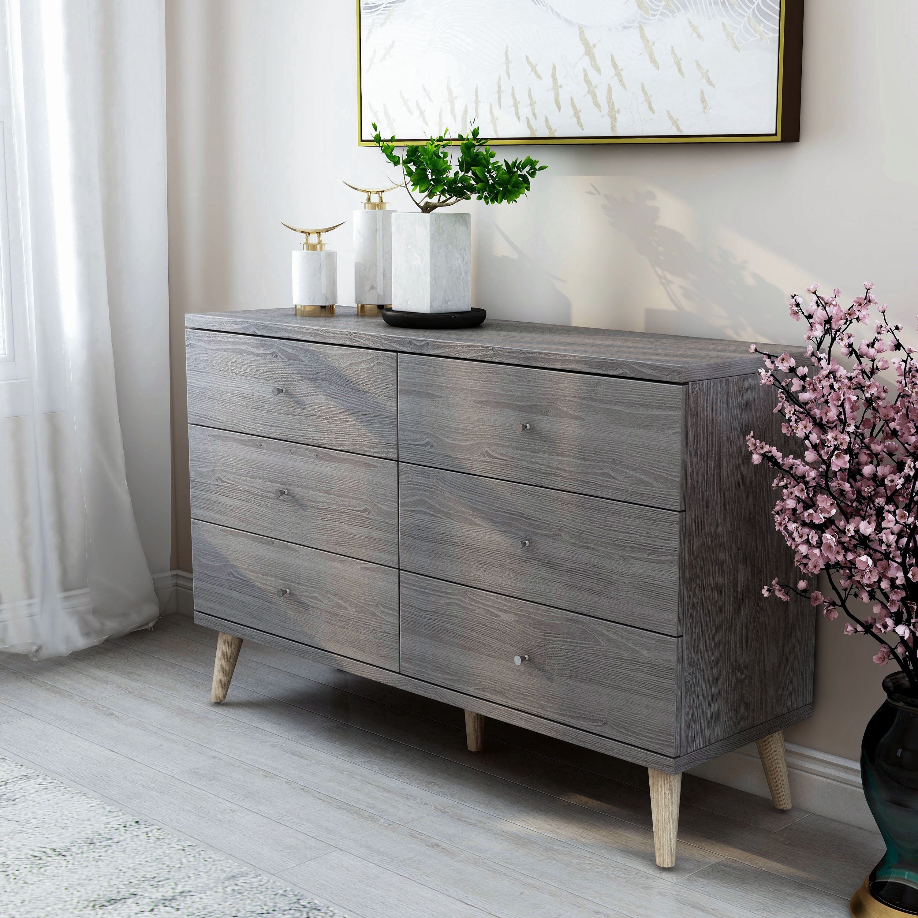 24/7 Shop At Home Orden Wood 6-Drawer Dresser for Bedroom, Dark Gray with Silver Knobs