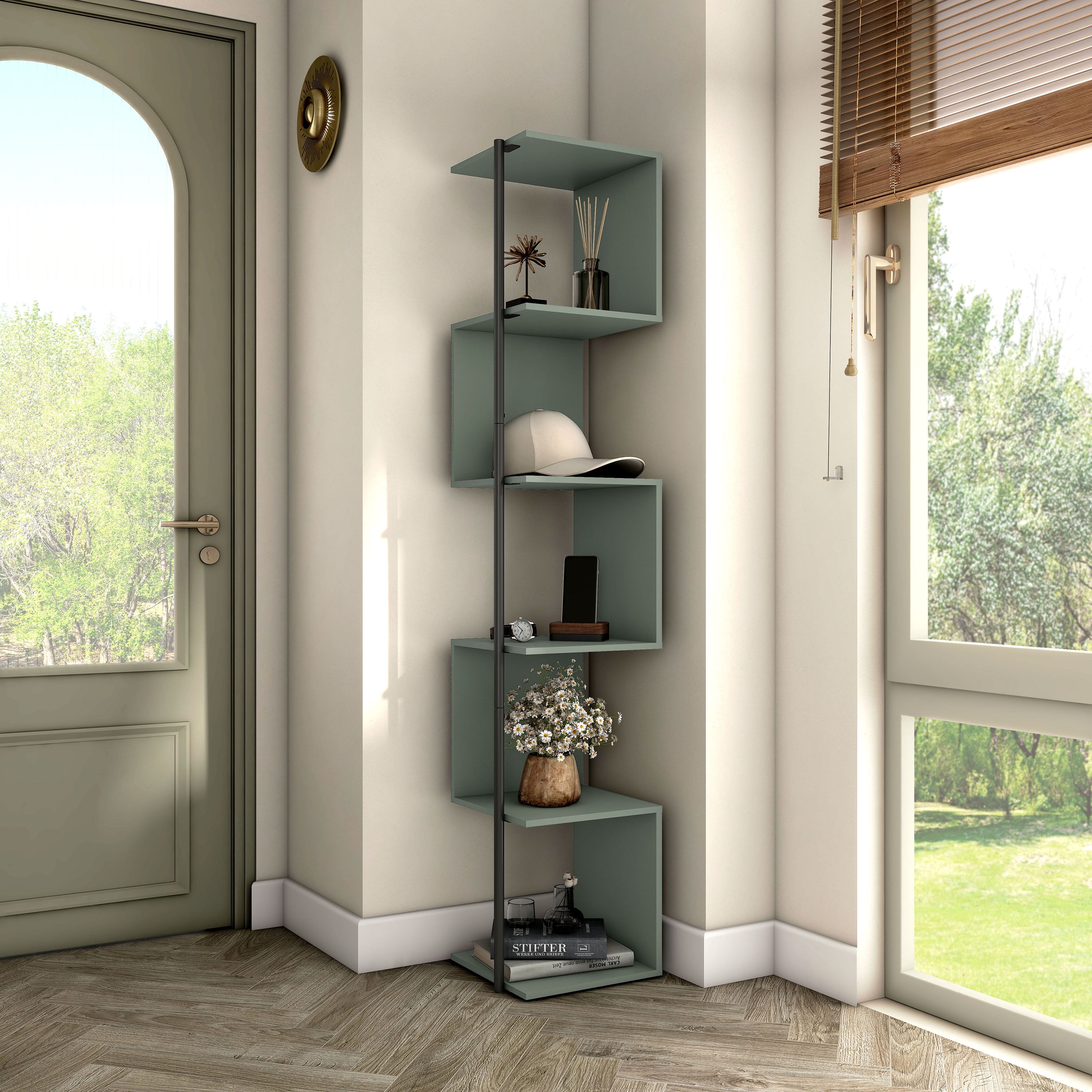 24/7 Shop At Home Penz TwoTone 5Tier Corner Bookcase Sage Green Book