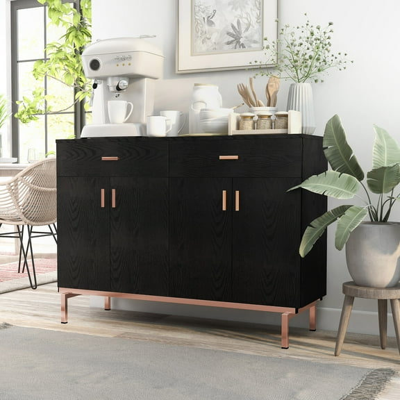 24/7 Shop At Home Senoma Wood 2-Drawer Buffet Server Storage Cabinet, Dining Sideboard Buffet Cabinet for Living Room in Black and Rose Gold