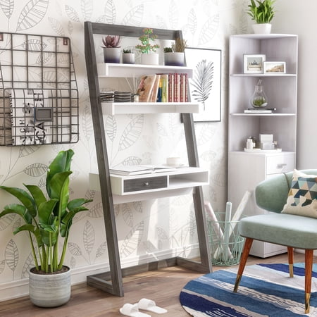 24/7 Shop At Home Wick Wood Leaning Writing Desk with Shelves in Distressed Gray